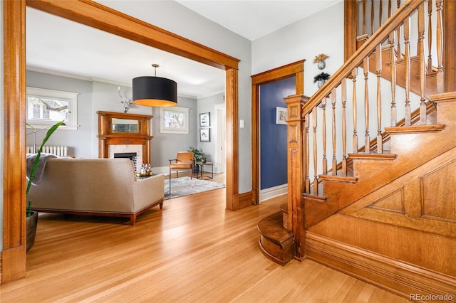 3701 Eliot St, Denver, CO 80211 - entryway featuring light wood-style floors, radiator heating unit, stairway, a fireplace, and crown molding