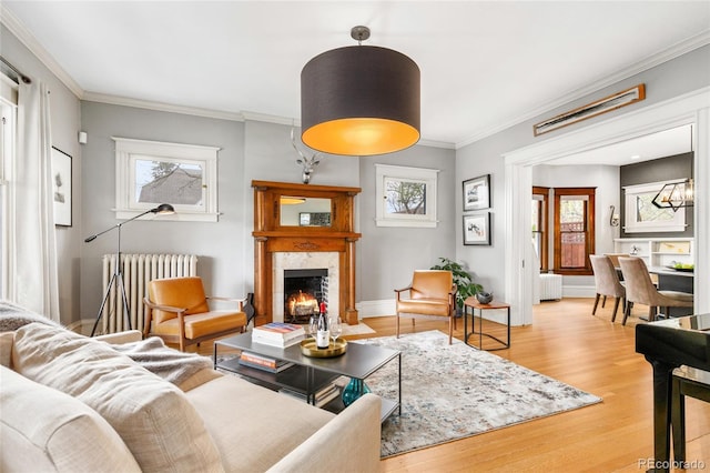 3701 Eliot St, Denver, CO 80211 - living area with a fireplace with flush hearth, radiator, light wood-type flooring, and ornamental molding