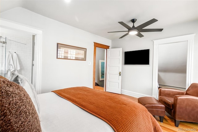 3701 Eliot St, Denver, CO 80211 - bedroom with light wood-style floors, a ceiling fan, and connected bathroom