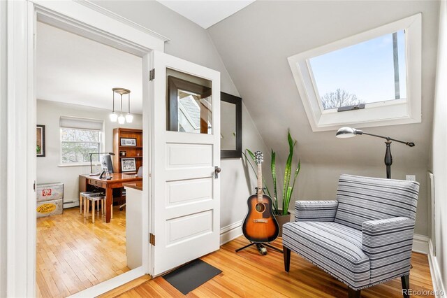 3701 Eliot St, Denver, CO 80211 - living area featuring an office area, light wood-style floors, lofted ceiling, and a skylight