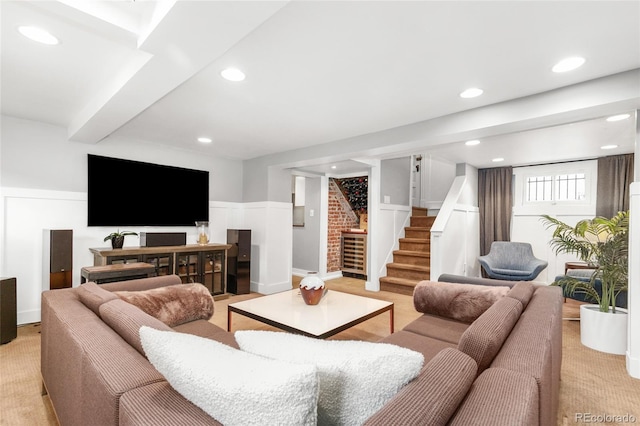 3701 Eliot St, Denver, CO 80211 - living area with stairs, recessed lighting, a wainscoted wall, wine cooler, and light colored carpet