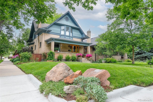 3701 Eliot St, Denver, CO 80211 - victorian home featuring brick siding, covered porch, a chimney, and a front yard