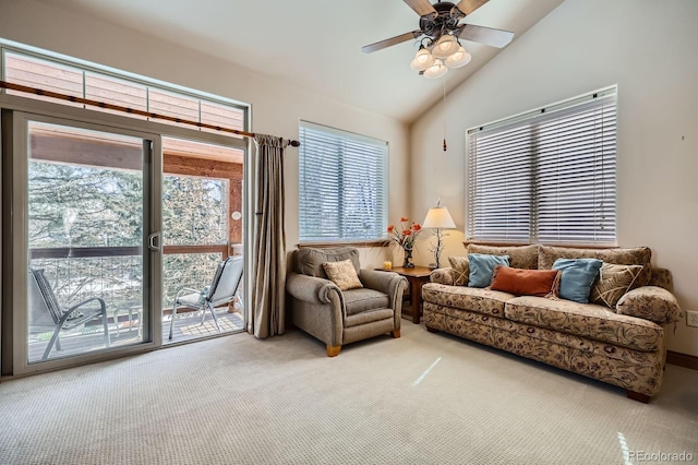 846 Blue River Pkwy Unit C2, Silverthorne, CO 80498 - carpeted living area with lofted ceiling and ceiling fan