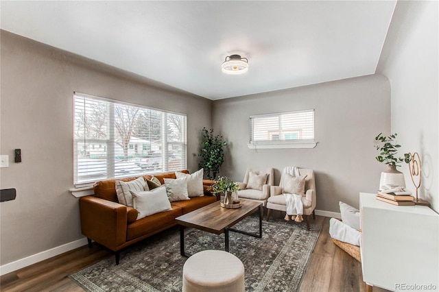 living room featuring plenty of natural light and dark hardwood / wood-style floors