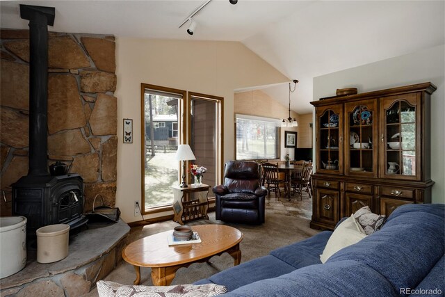 29101 Drexel Spur, Evergreen, CO 80439 - living area featuring a wood stove, vaulted ceiling, track lighting, and carpet