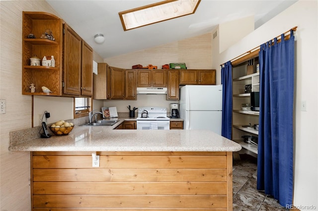 29101 Drexel Spur, Evergreen, CO 80439 - kitchen with white appliances, under cabinet range hood, open shelves, a peninsula, and lofted ceiling