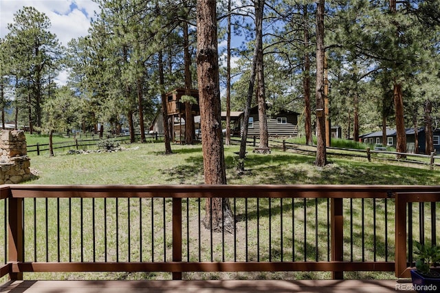 29101 Drexel Spur, Evergreen, CO 80439 - wooden terrace with a fenced backyard and view of scattered trees