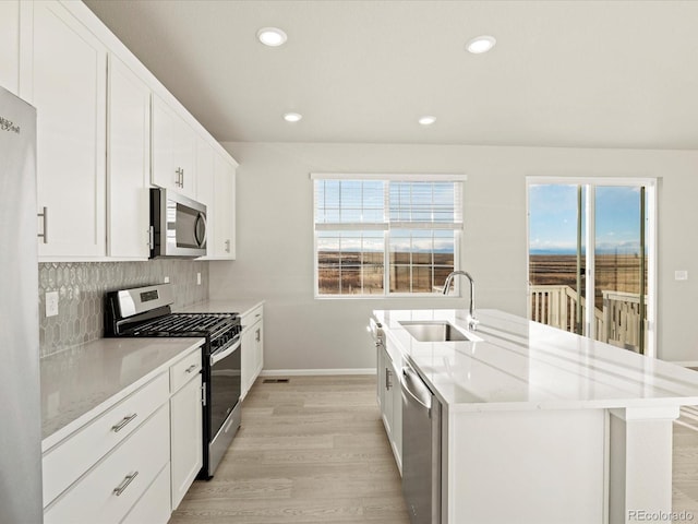 kitchen featuring a center island with sink, appliances with stainless steel finishes, backsplash, white cabinets, and sink