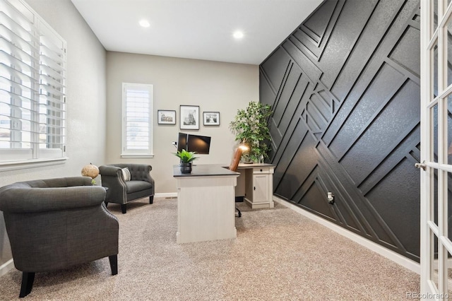 office space with recessed lighting, baseboards, and light colored carpet