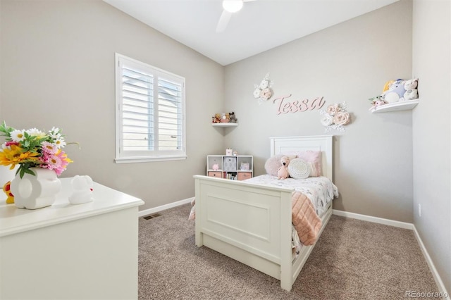 bedroom with light carpet, baseboards, visible vents, and ceiling fan