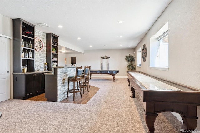 playroom with recessed lighting, light carpet, pool table, a sink, and indoor wet bar