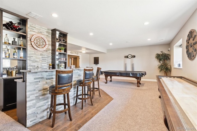 bar with recessed lighting, billiards, visible vents, dishwasher, and indoor wet bar