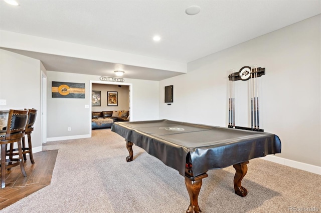 playroom with carpet floors, recessed lighting, pool table, and baseboards