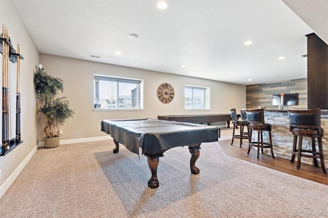 playroom featuring wooden walls, baseboards, pool table, a bar, and recessed lighting