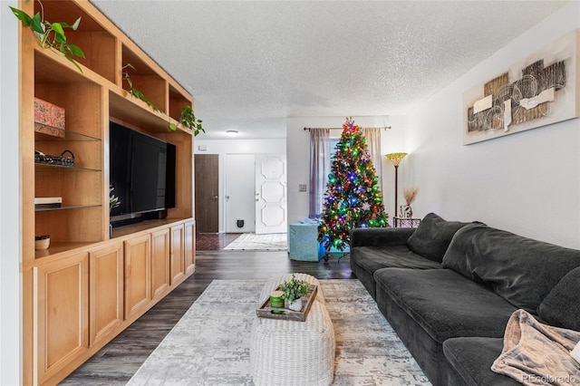 living room with dark hardwood / wood-style flooring and a textured ceiling