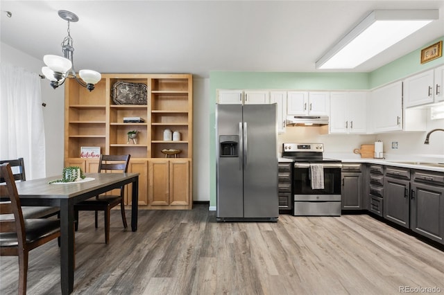 kitchen with appliances with stainless steel finishes, gray cabinetry, sink, pendant lighting, and white cabinetry