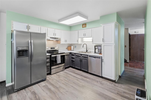 kitchen featuring light wood-type flooring, white cabinetry, sink, and appliances with stainless steel finishes