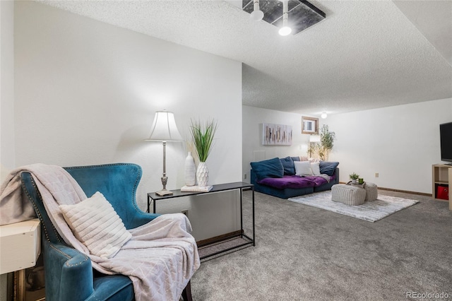 carpeted living room featuring a textured ceiling