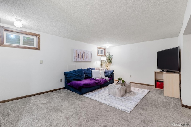 carpeted living room with a textured ceiling