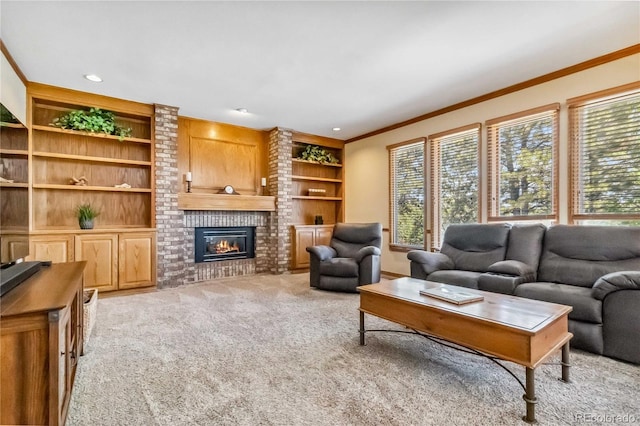 2154 S Parfet Dr, Lakewood, CO 80227 - living room featuring plenty of natural light, crown molding, built in shelves, light colored carpet, and a brick fireplace