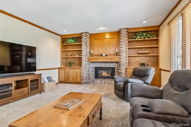 2154 S Parfet Dr, Lakewood, CO 80227 - living room with light carpet, healthy amount of natural light, a fireplace, ornamental molding, and recessed lighting
