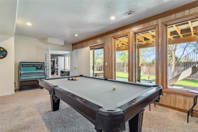 2154 S Parfet Dr, Lakewood, CO 80227 - rec room with light carpet, wooden walls, baseboards, billiards, and recessed lighting