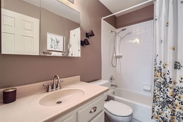 full bath featuring toilet, vanity, and shower / bath combination with curtain