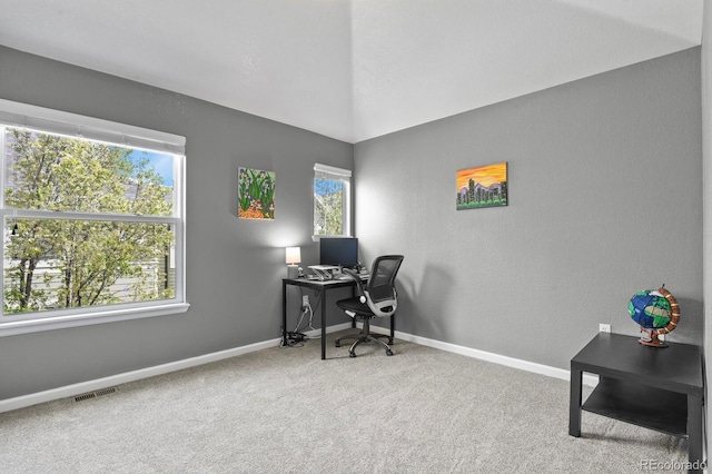 office space featuring carpet flooring, baseboards, and a textured wall