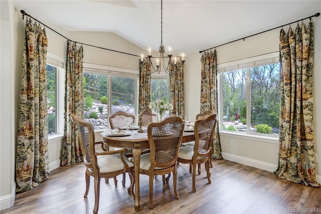 40 Wuthering Heights Dr, Colorado Springs, CO 80921 - dining room featuring a chandelier, healthy amount of natural light, lofted ceiling, baseboards, and wood finished floors