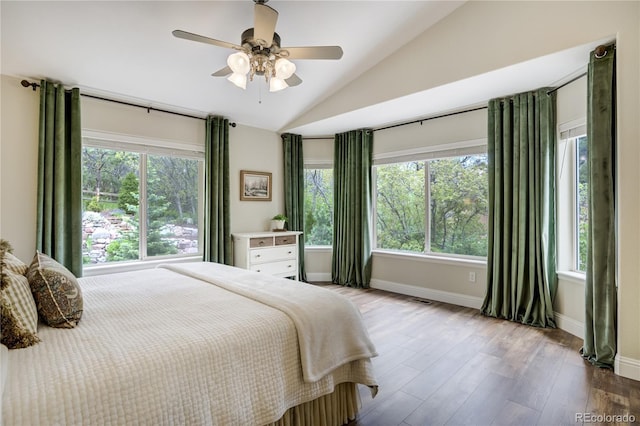 40 Wuthering Heights Dr, Colorado Springs, CO 80921 - bedroom with vaulted ceiling, multiple windows, baseboards, wood finished floors, and a ceiling fan