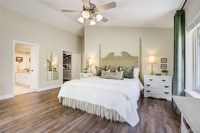 40 Wuthering Heights Dr, Colorado Springs, CO 80921 - bedroom with wood finished floors, ensuite bath, a closet, baseboards, and a ceiling fan