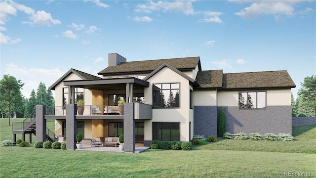 rear view of property with a yard, an outdoor hangout area, a balcony, and a patio