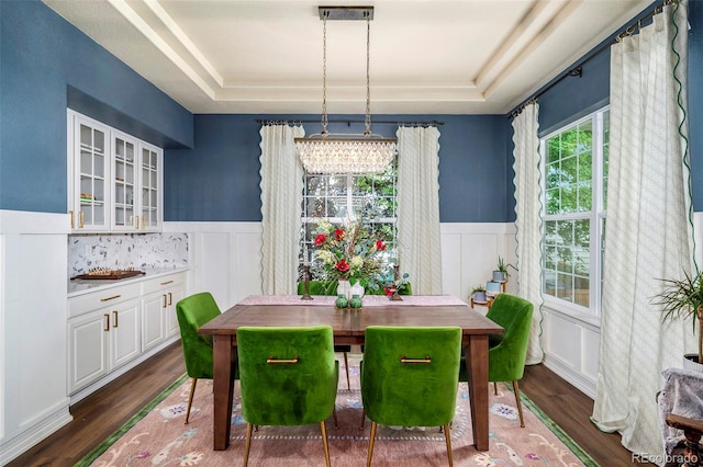 dining room with a raised ceiling and dark hardwood / wood-style floors