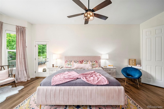 bedroom with hardwood / wood-style floors and ceiling fan