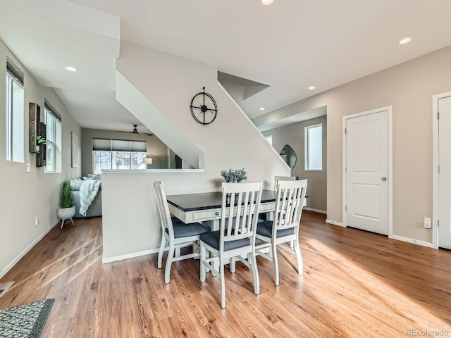 dining area featuring visible vents, recessed lighting, light wood-style floors, baseboards, and ceiling fan