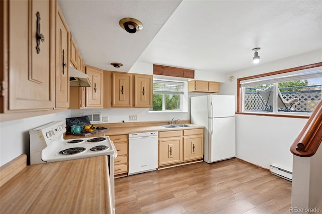 1617 W Boulder St, Colorado Springs, CO 80904 - kitchen featuring white appliances, a baseboard heating unit, under cabinet range hood, a sink, and light countertops