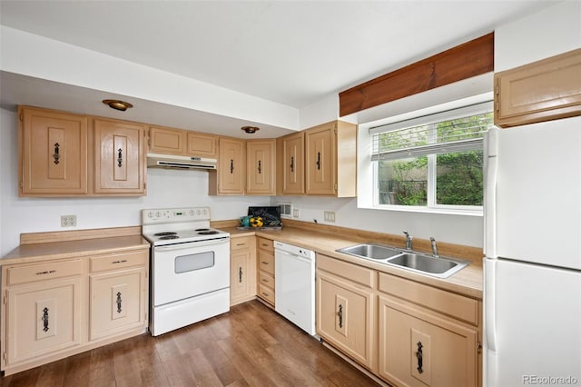 1617 W Boulder St, Colorado Springs, CO 80904 - kitchen featuring white appliances, a sink, under cabinet range hood, and light countertops