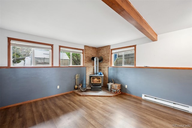 1617 W Boulder St, Colorado Springs, CO 80904 - spare room featuring a wood stove, wood finished floors, a baseboard heating unit, beam ceiling, and baseboards