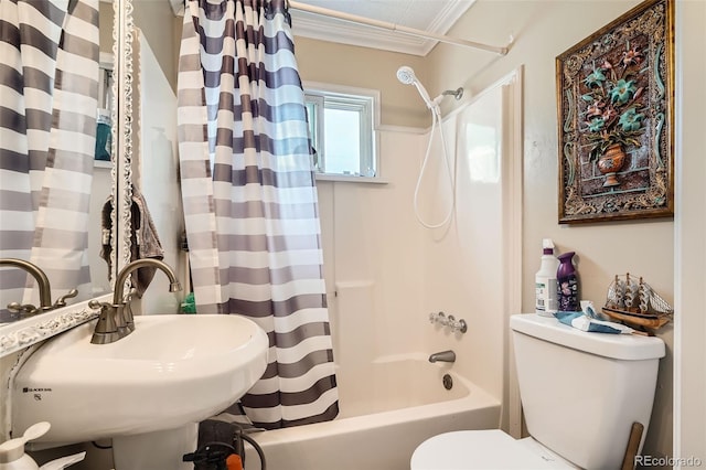 6736 Grove St, Denver, CO 80221 - full bathroom featuring shower / bath combination with curtain and crown molding