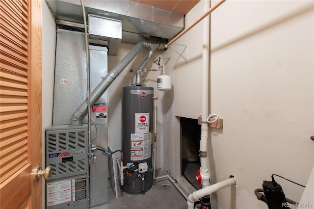 utility room featuring heating unit and gas water heater