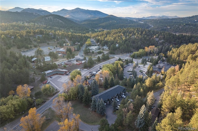 aerial view featuring a mountain view and a view of trees