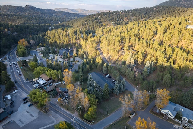 drone / aerial view with a mountain view and a view of trees