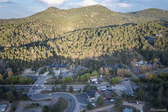 drone / aerial view with a mountain view and a forest view