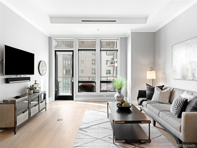 living room with ornamental molding, light wood-type flooring, and a tray ceiling