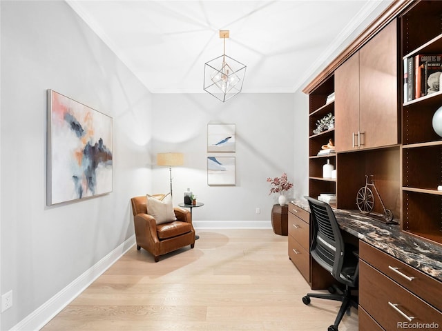 office area featuring ornamental molding, an inviting chandelier, and light hardwood / wood-style flooring