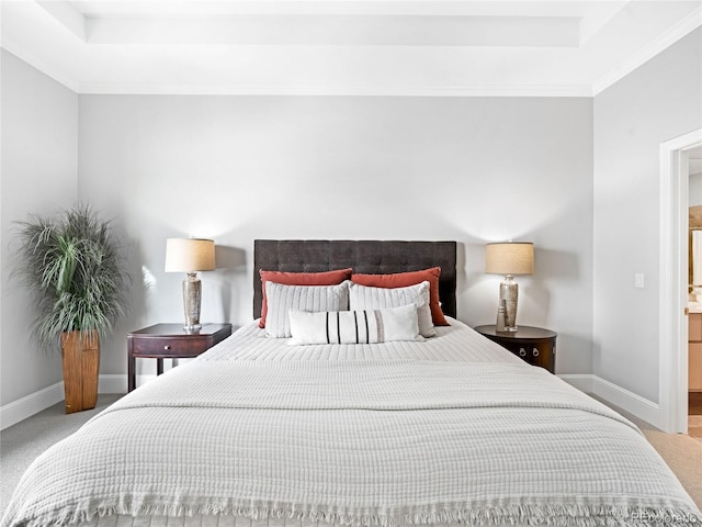 bedroom featuring carpet floors and a tray ceiling