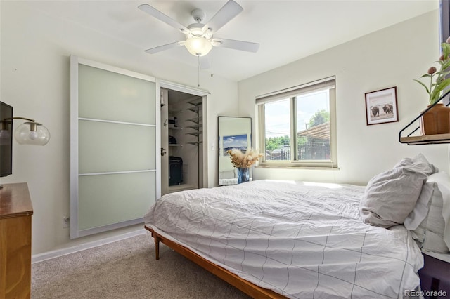 bedroom featuring ceiling fan, a closet, and carpet