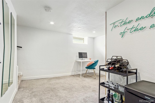 sitting room with a textured ceiling and light carpet