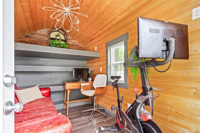 home office featuring lofted ceiling, wooden ceiling, wooden walls, hardwood / wood-style flooring, and a notable chandelier