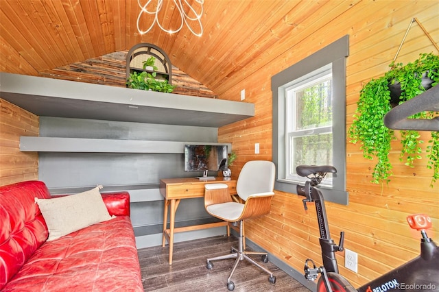 office space featuring wood ceiling, vaulted ceiling, and wood walls